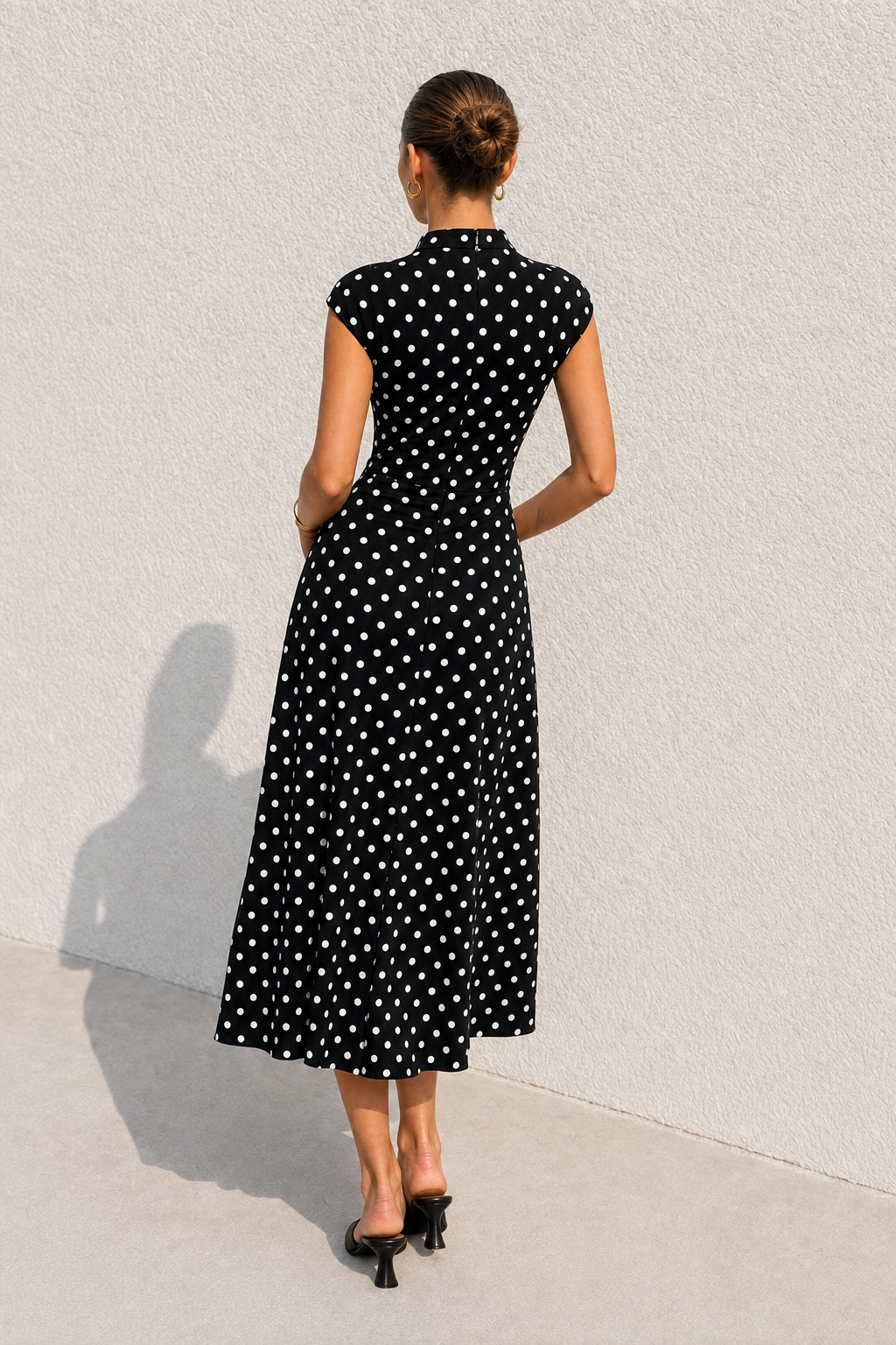 Black Polka Dot Cotton Jersey Midi Dress - view 4