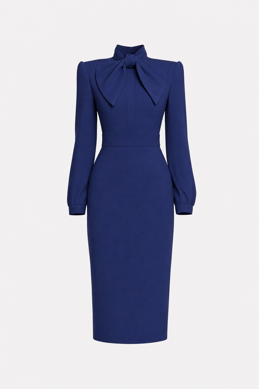 Satin pencil work dress with high-neck bow - view 8