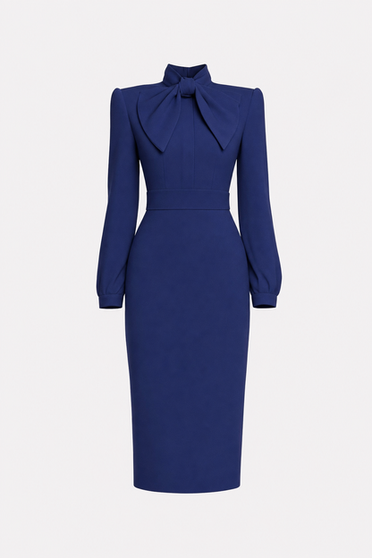 Satin pencil work dress with high-neck bow - view 8