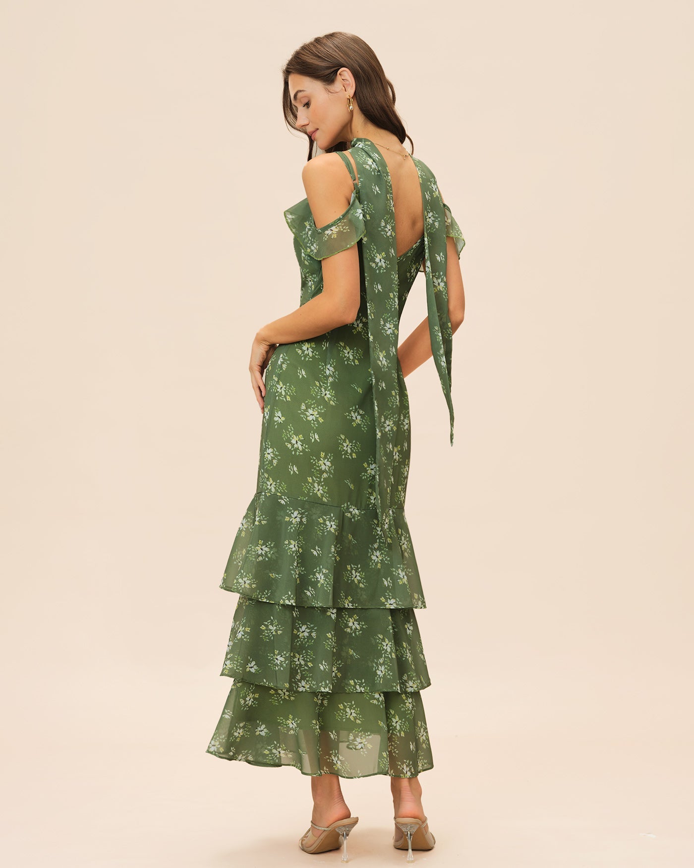 Green Floral Ruffle Mermaid Maxi Dress - view 4