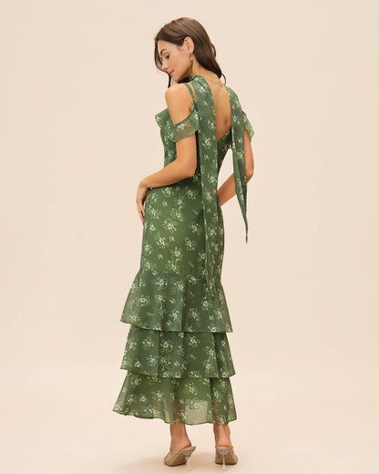 Green Floral Ruffle Mermaid Maxi Dress - view 4