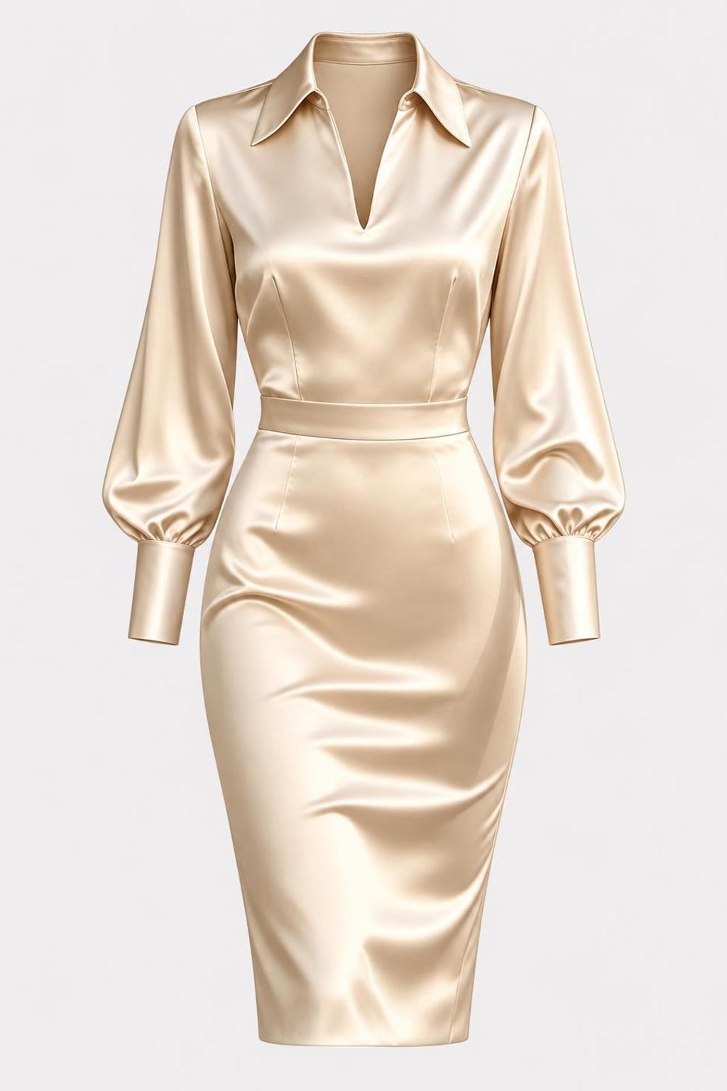 Satin Polyester Midi Dress With Lantern Sleeves - 1