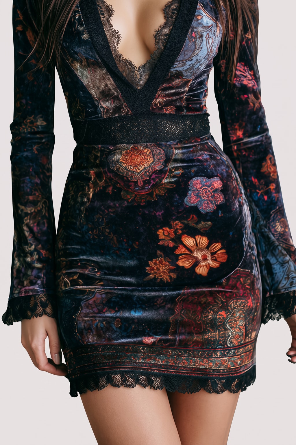 Velvet Mini Dress With Lace Trim V-Neck - 5