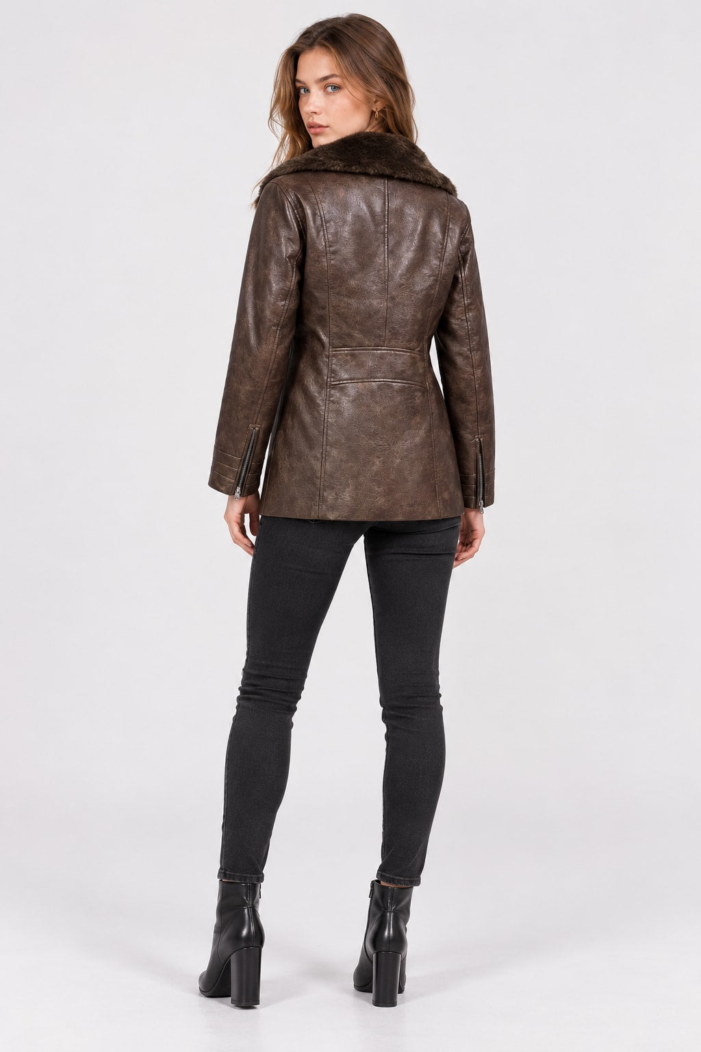 Faux Leather Jacket Furry Collar Slim Fit Coat - 4