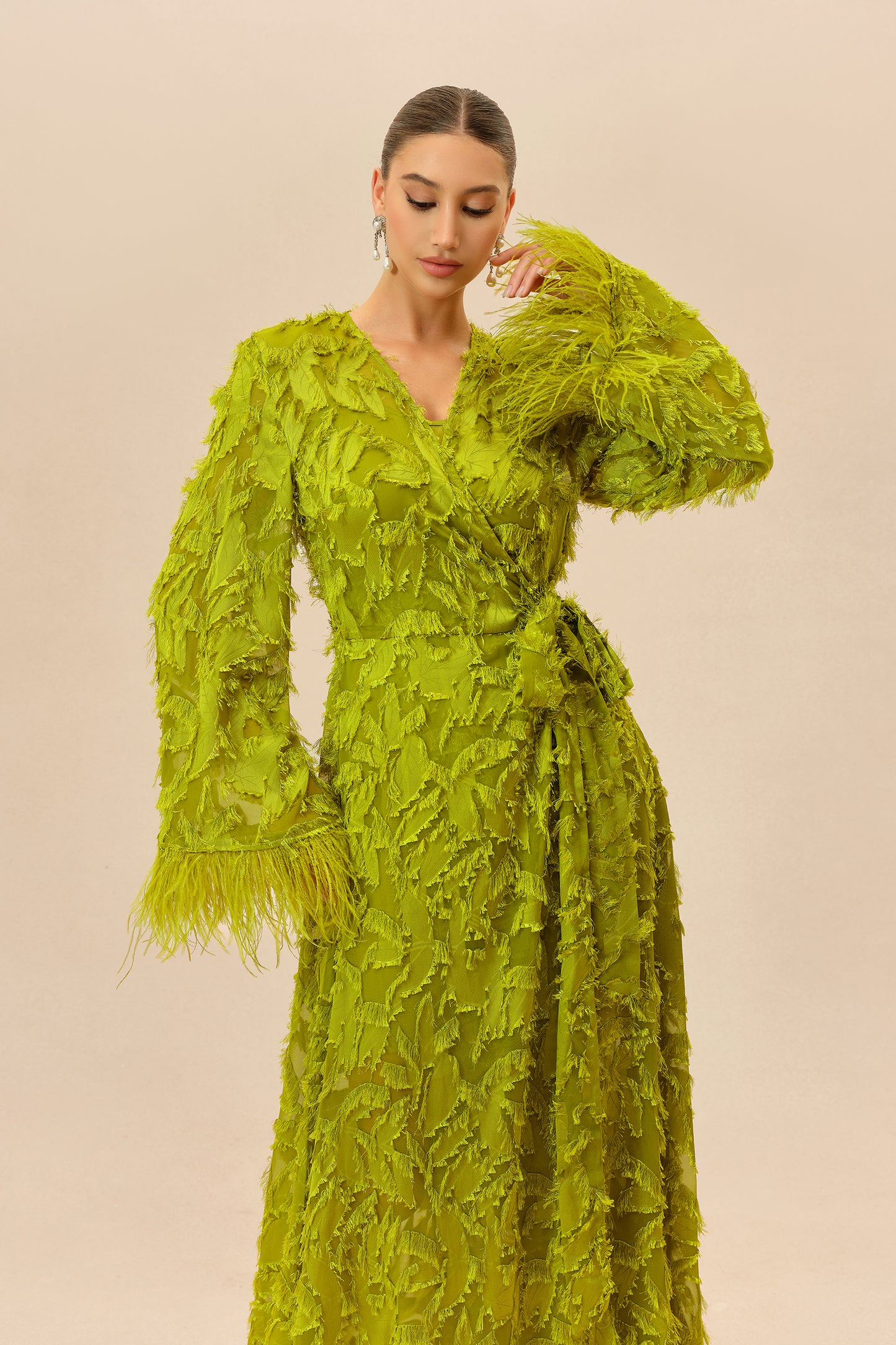 Leaf Applique Wrap Maxi Dress With Slip - view 3