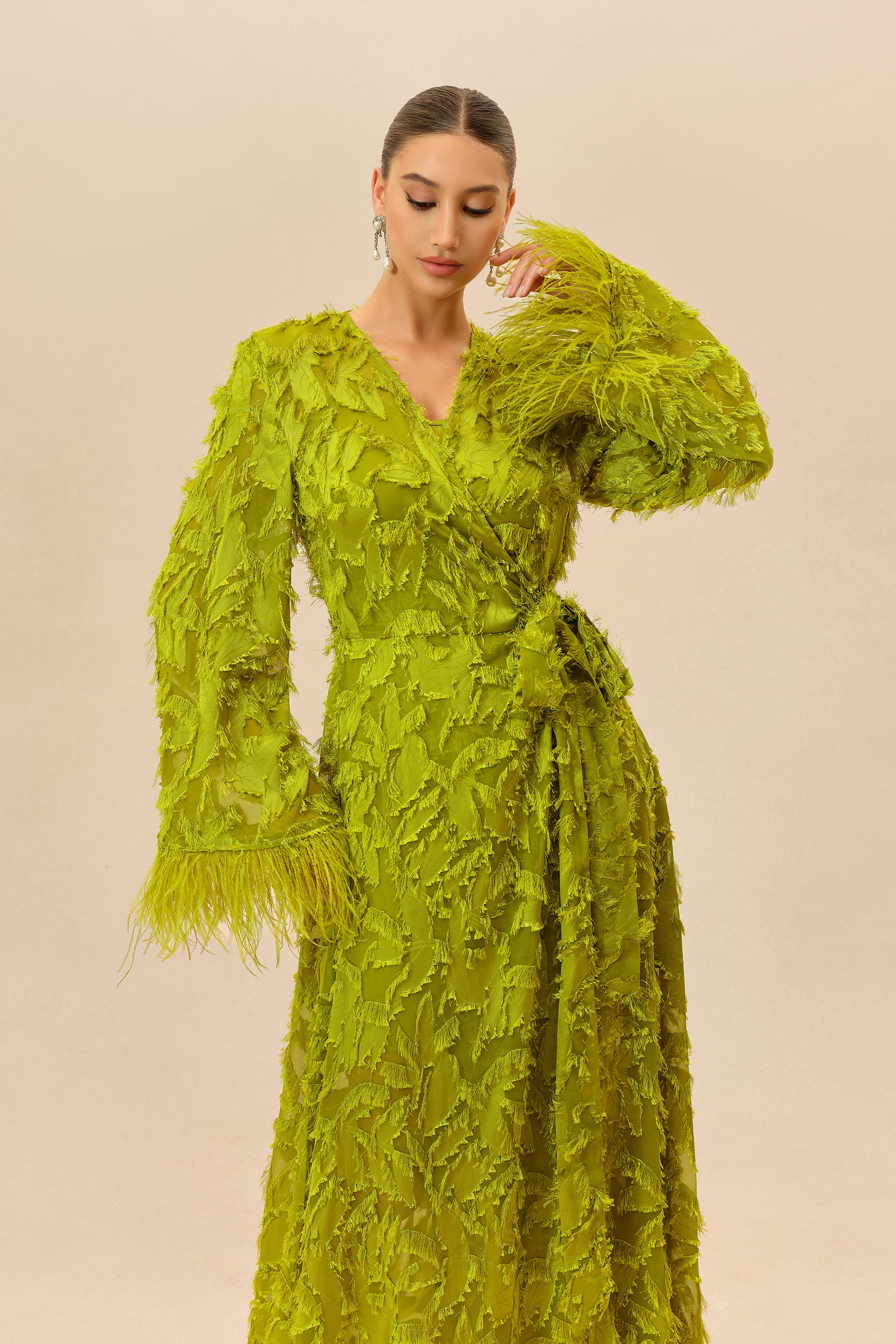 Leaf Applique Wrap Maxi Dress With Slip - view 3