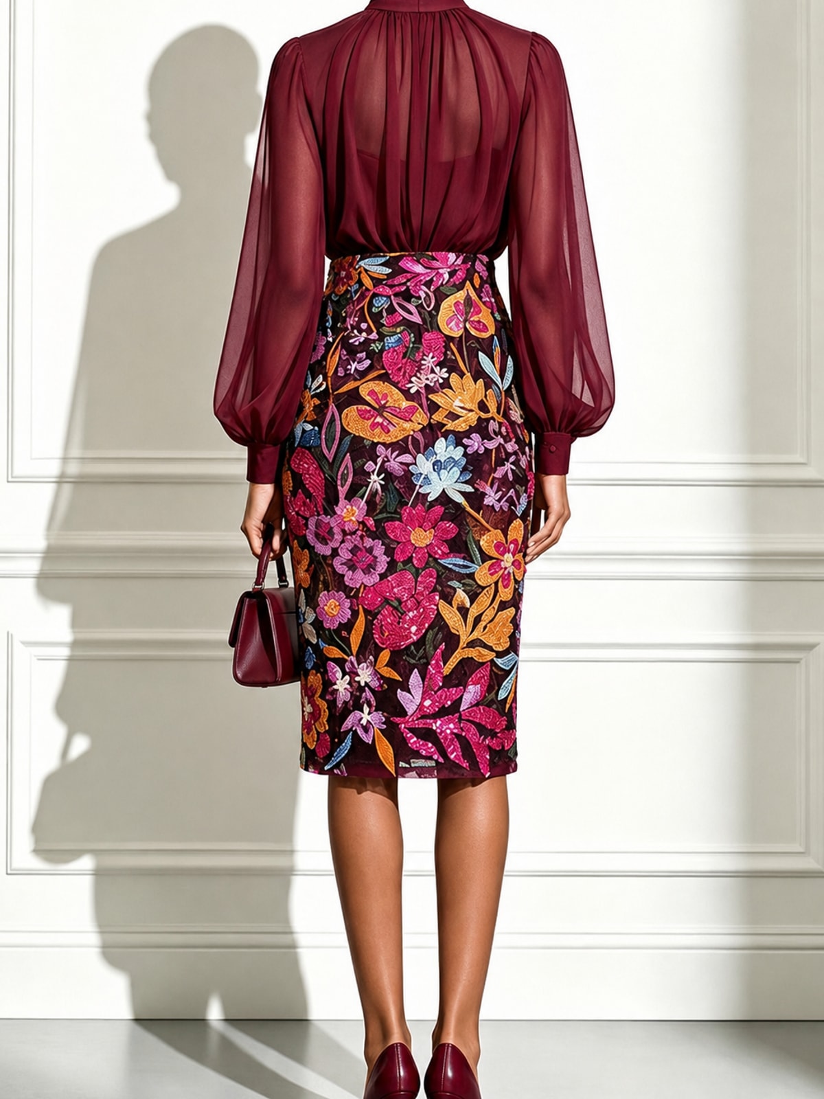 Effortless Chiffon Midi Dress With Lantern Sleeves - 5
