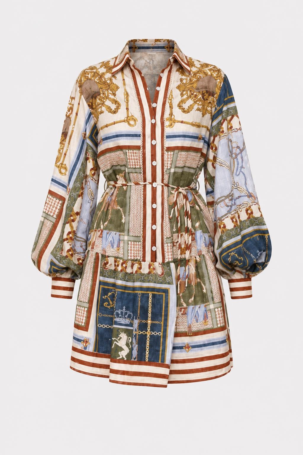 Linen Blend Balloon Sleeve Shirt Dress - 1