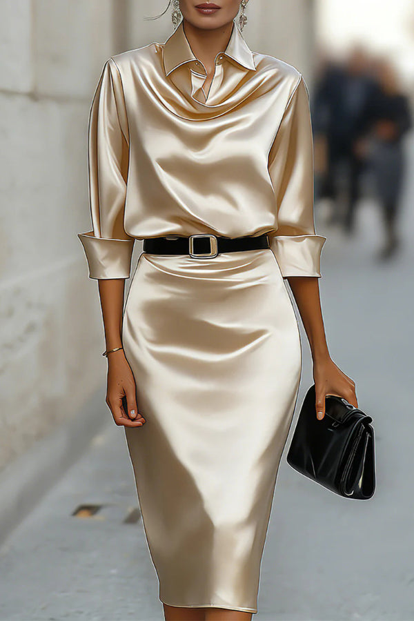 Satin midi dress with lapel collar and long sleeves - view 3