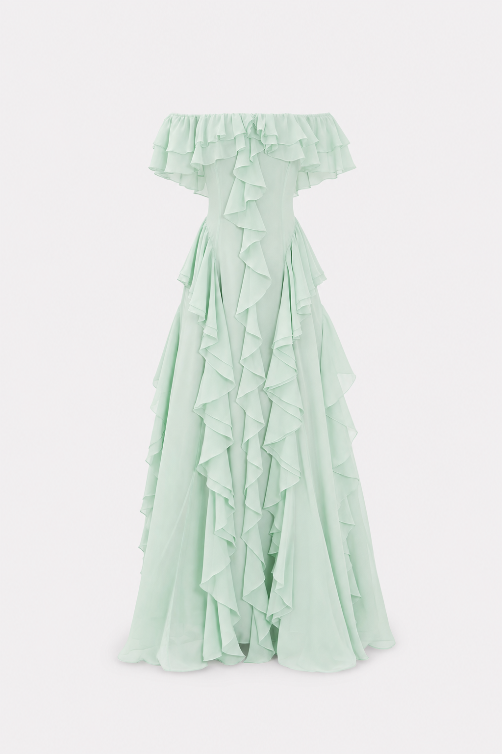Sage green off-shoulder ruffle maxi dress with pockets