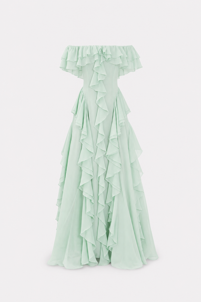 Sage green off-shoulder ruffle maxi dress with pockets