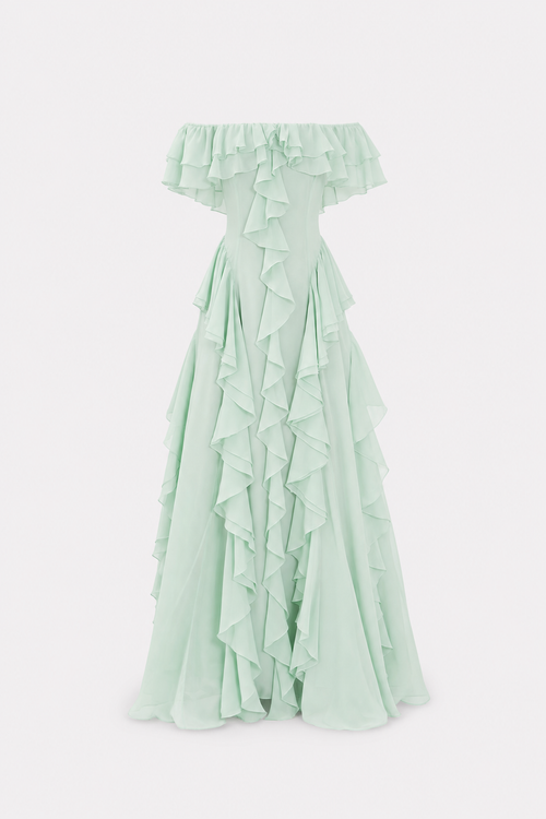 Sage green off-shoulder ruffle maxi dress with pockets