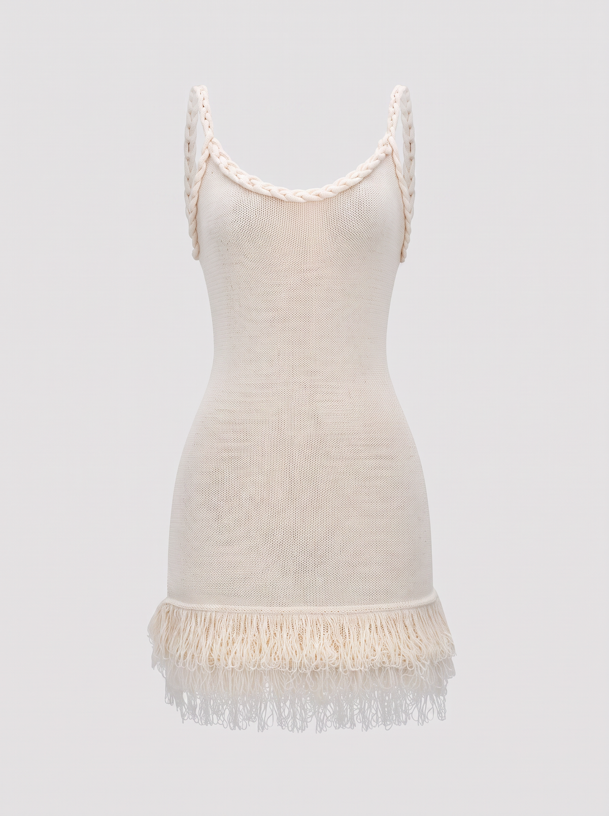 Fringe Hem Open Knit Backless Mini Dress