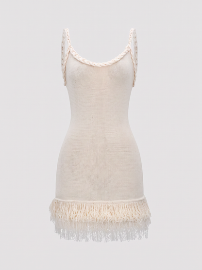 Fringe Hem Open Knit Backless Mini Dress