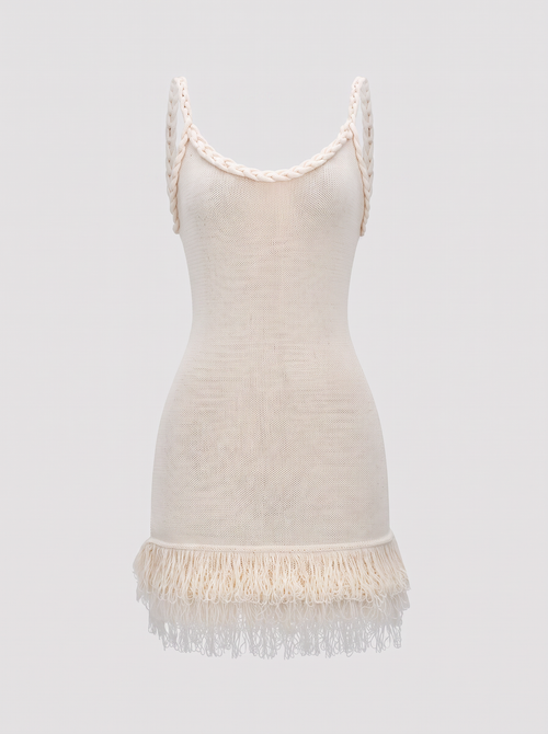 Fringe Hem Open Knit Backless Mini Dress