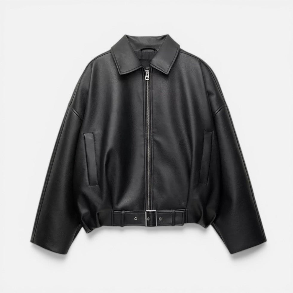 Faux Leather Bomber Jacket with Belted Waist - view 5