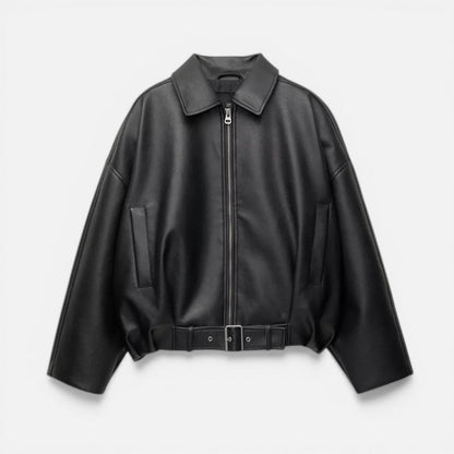 Faux Leather Bomber Jacket with Belted Waist - view 5