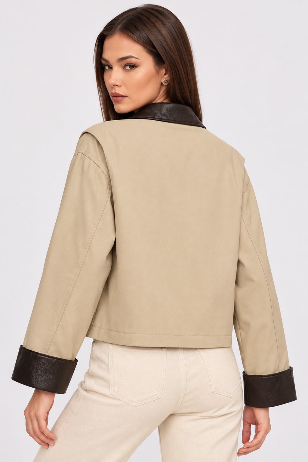 Polyester Jacket Turn-Down Collar Zip-Up Coat - 2