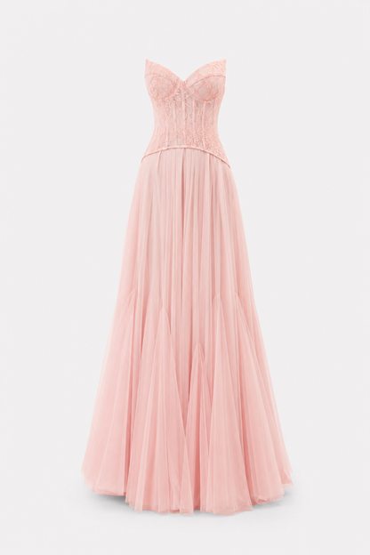 Pink Lace Bustier Organza Maxi Dress