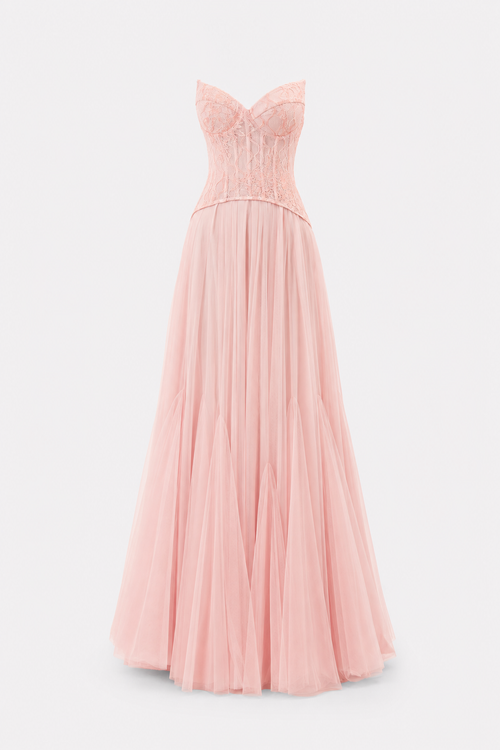 Pink Lace Bustier Organza Maxi Dress