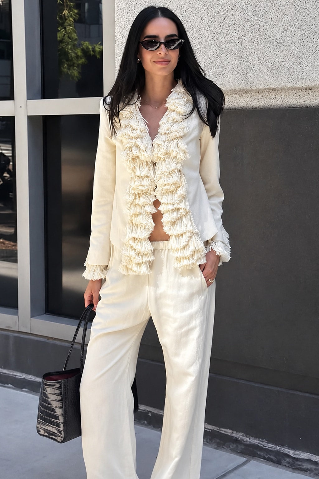 Polyester Blazer Jacket With Puff Sleeves And Tassel Detail - 5