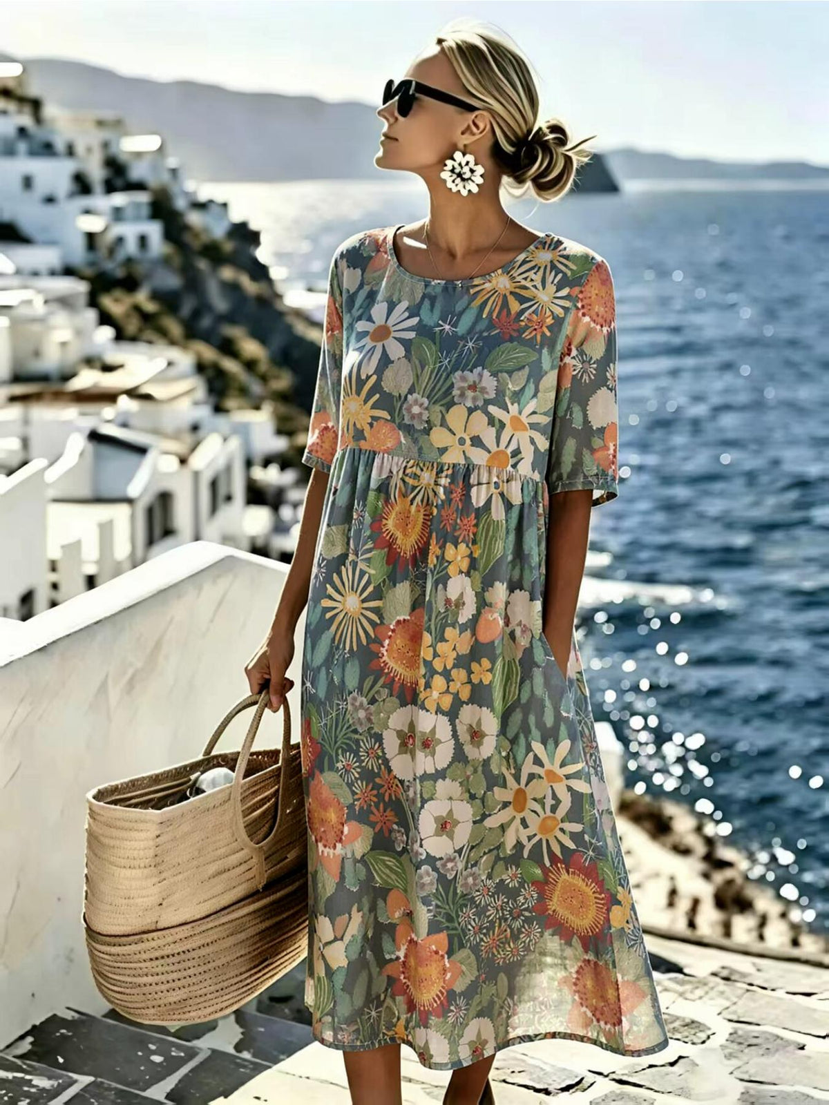 Cotton Blend Midi Dress With Relaxed Flowy Fit - 4