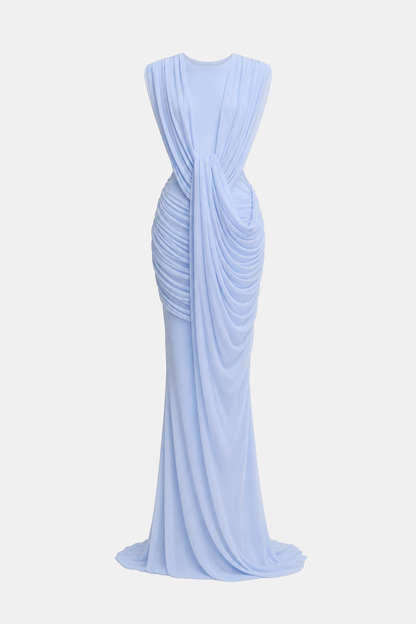 Blue Deep V Jersey Maxi Dress with Train