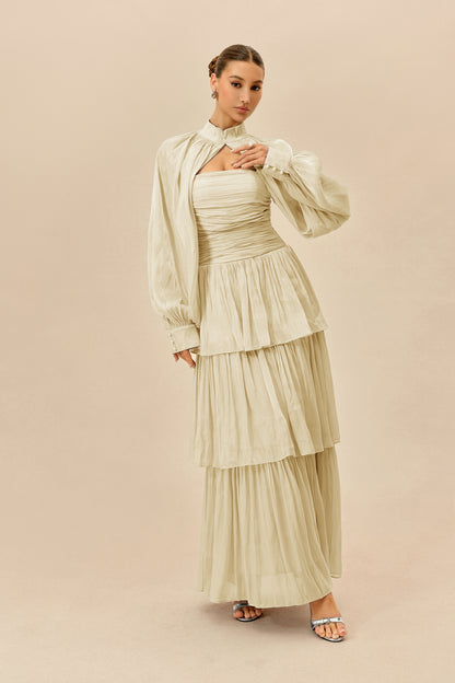 Beige Tiered Chiffon Maxi Dress with Detachable Sleeves - view 2