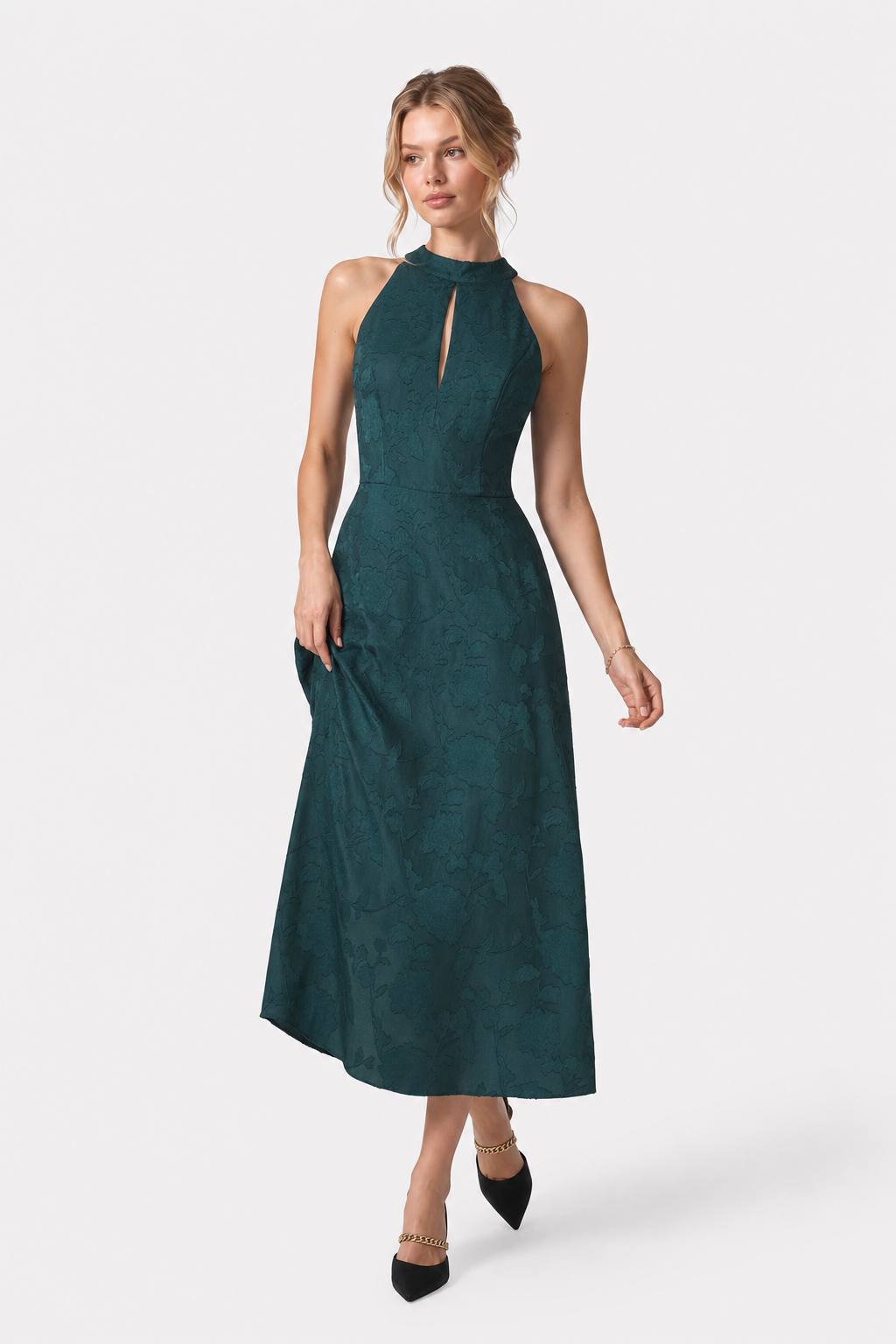 Green Jacquard Mock Neck Maxi Dress, Cutout - view 2