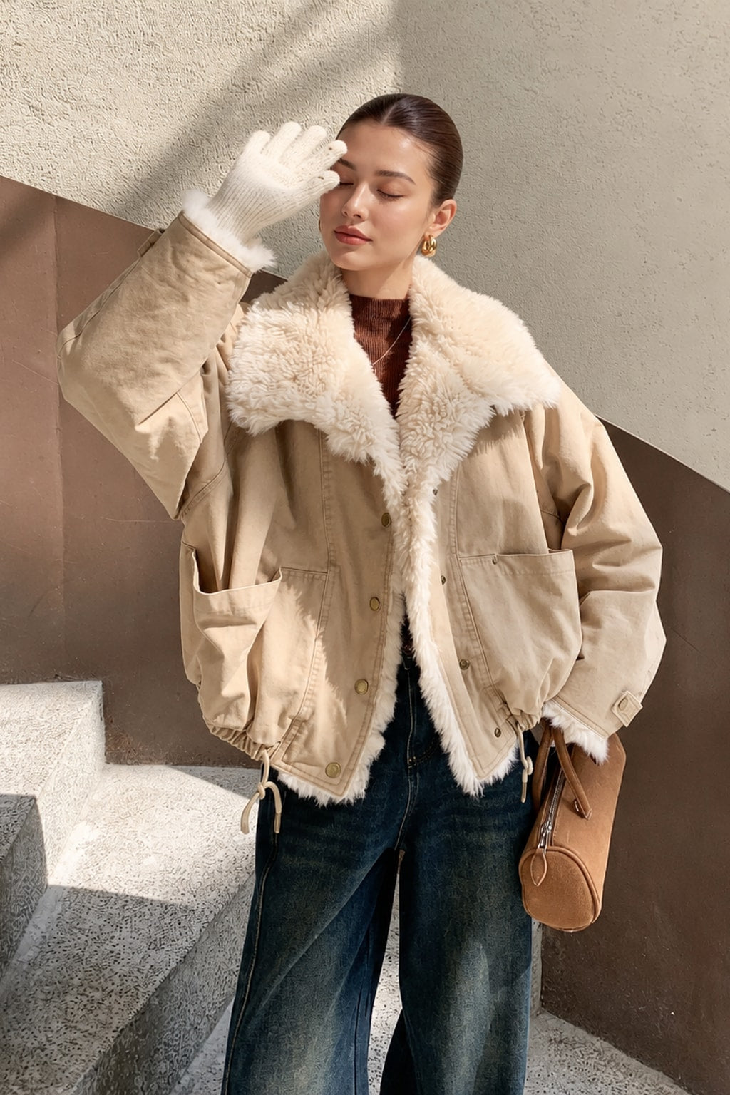 Polyester Jacket Cropped Fur Collar - 2