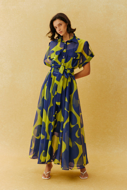 Blue sheer abstract print maxi dress with tie belt - view 5