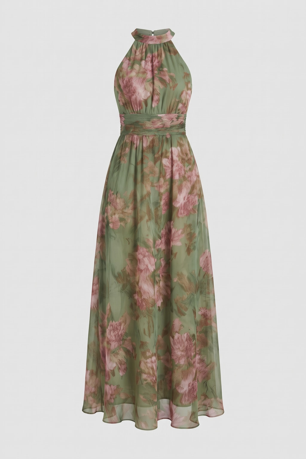 Floral Halter Maxi Dress With Flared Skirt - 1