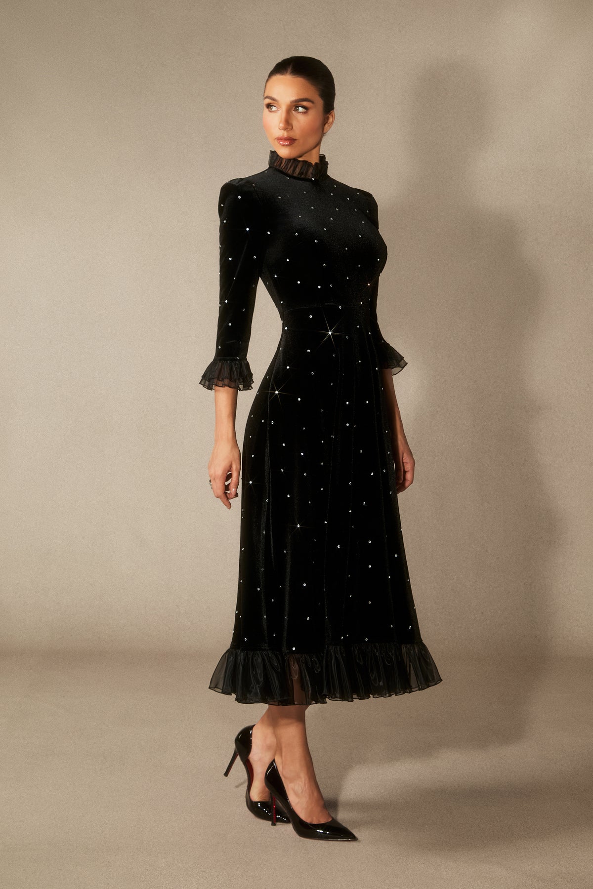 Black velvet diamante ruffle maxi dress - view 5