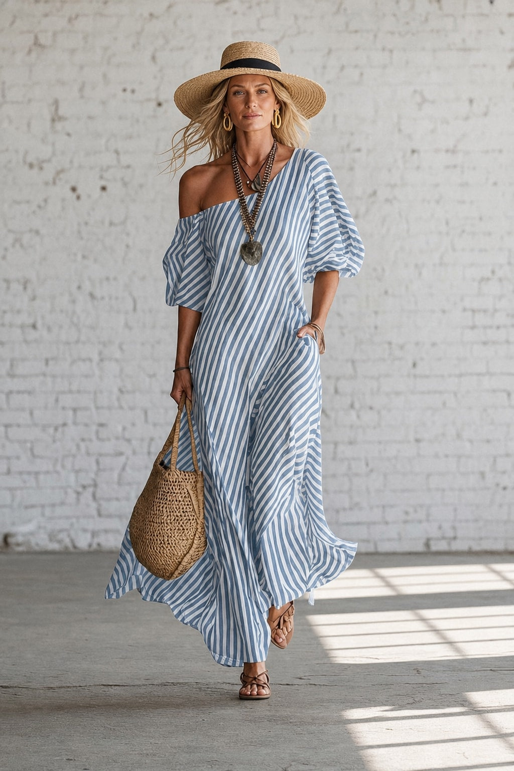 Striped Off-Shoulder Maxi Dress - 4