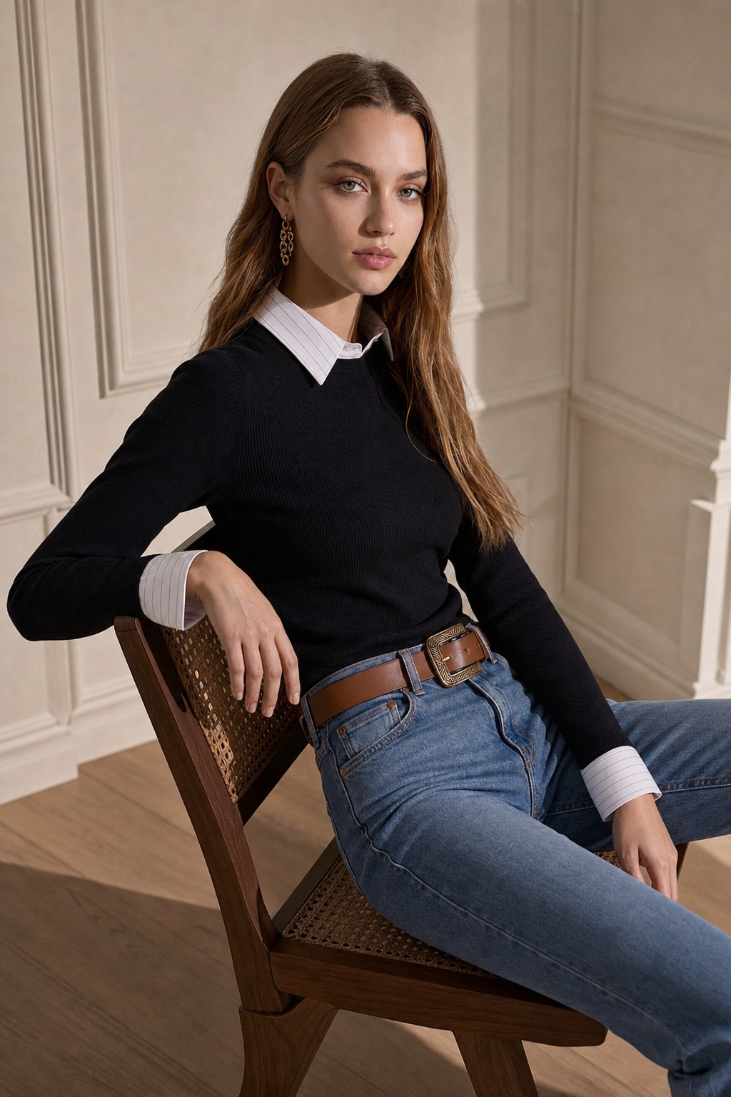 Black wool blend layered-look knit top - view 3
