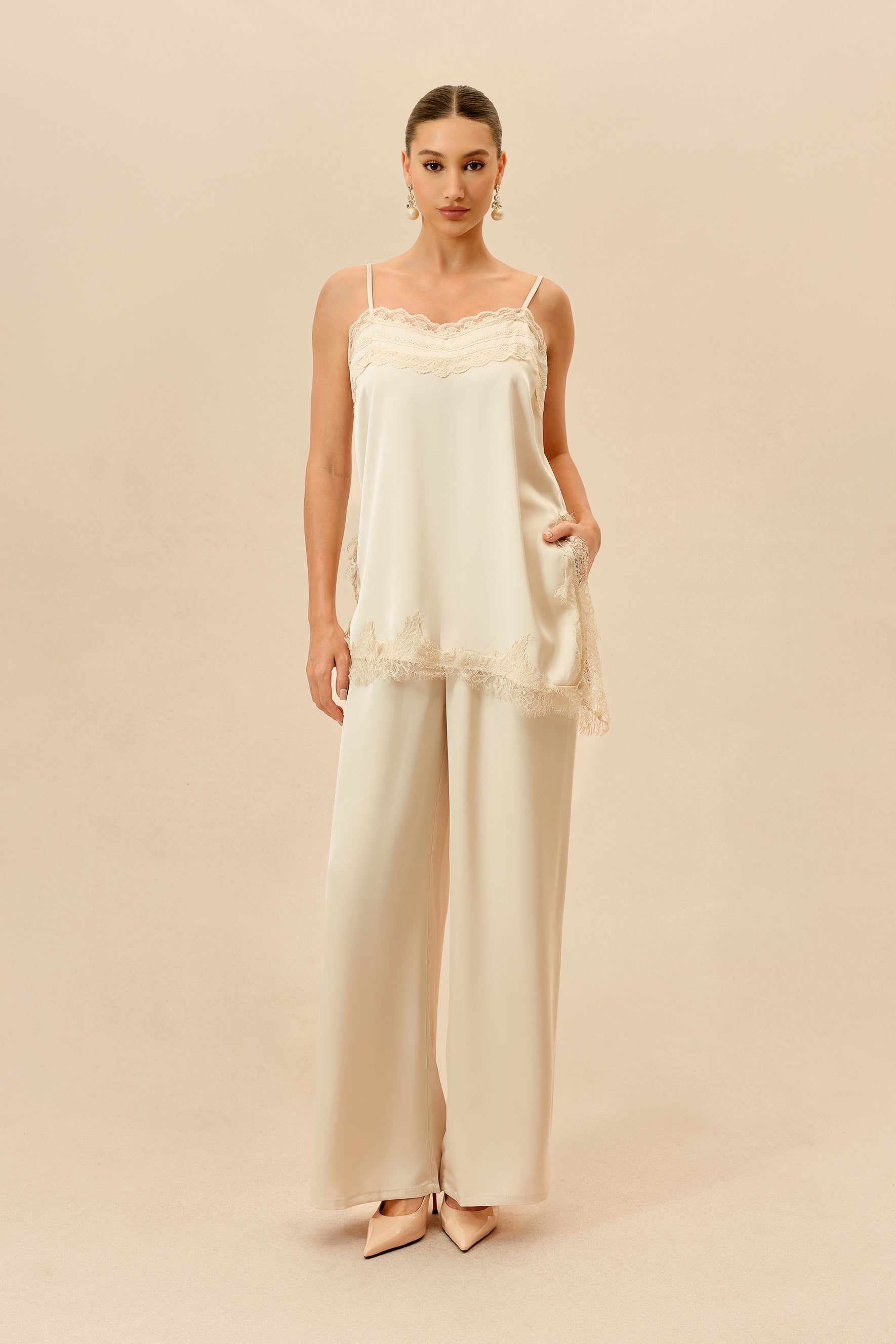 Beige Lace-Trim Cami and Wide-Leg Pants Set - view 2