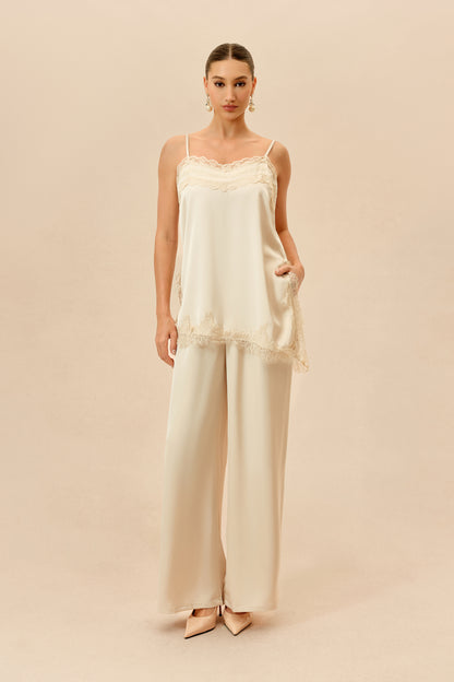 Beige Lace-Trim Cami and Wide-Leg Pants Set - view 2