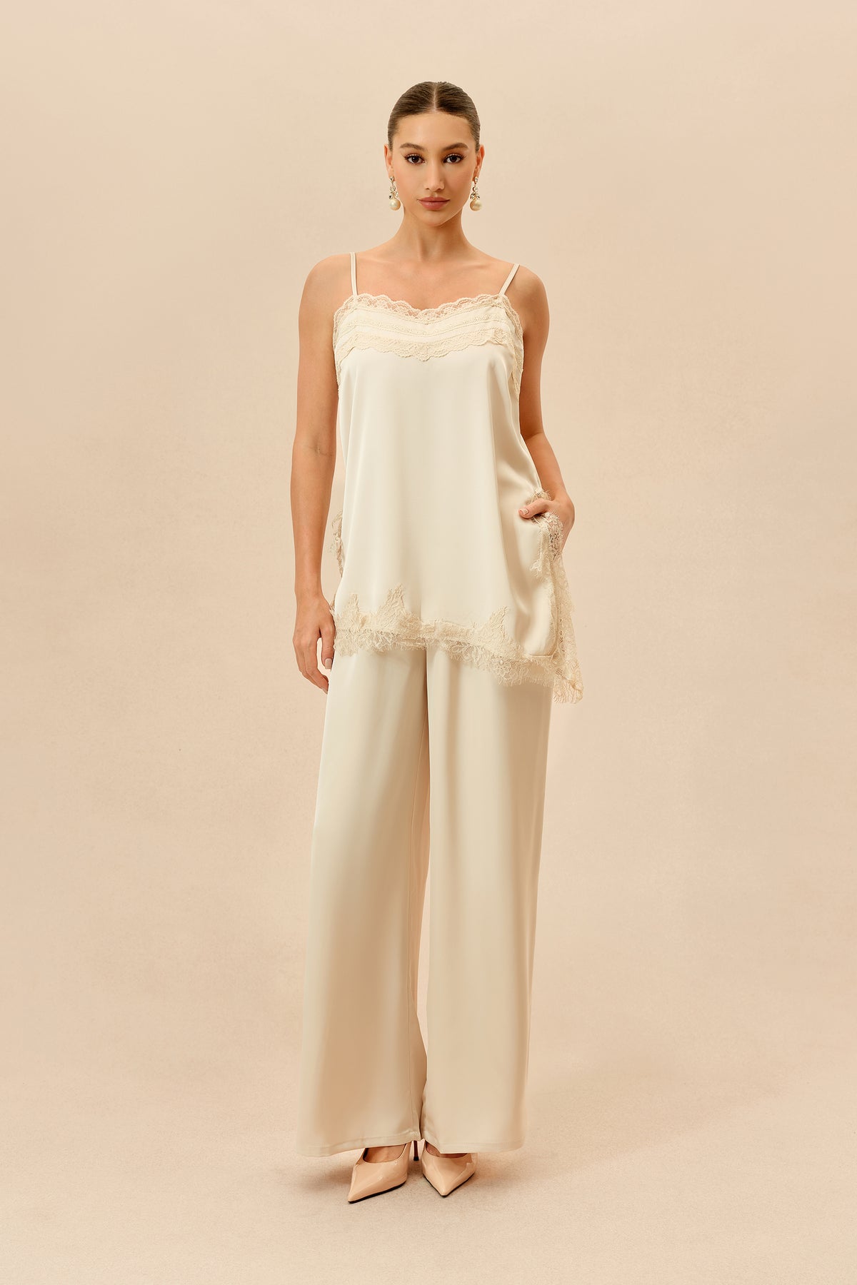 Beige Lace Trim Cami Top & Wide Leg Pants Set - 2