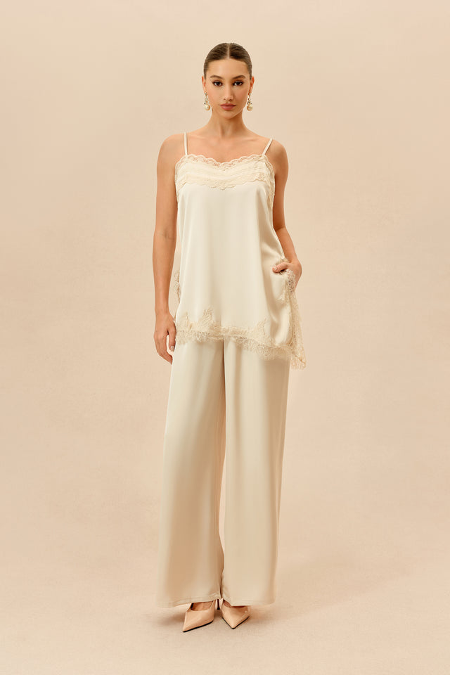 Beige Lace Trim Cami Top & Wide Leg Pants Set - 2