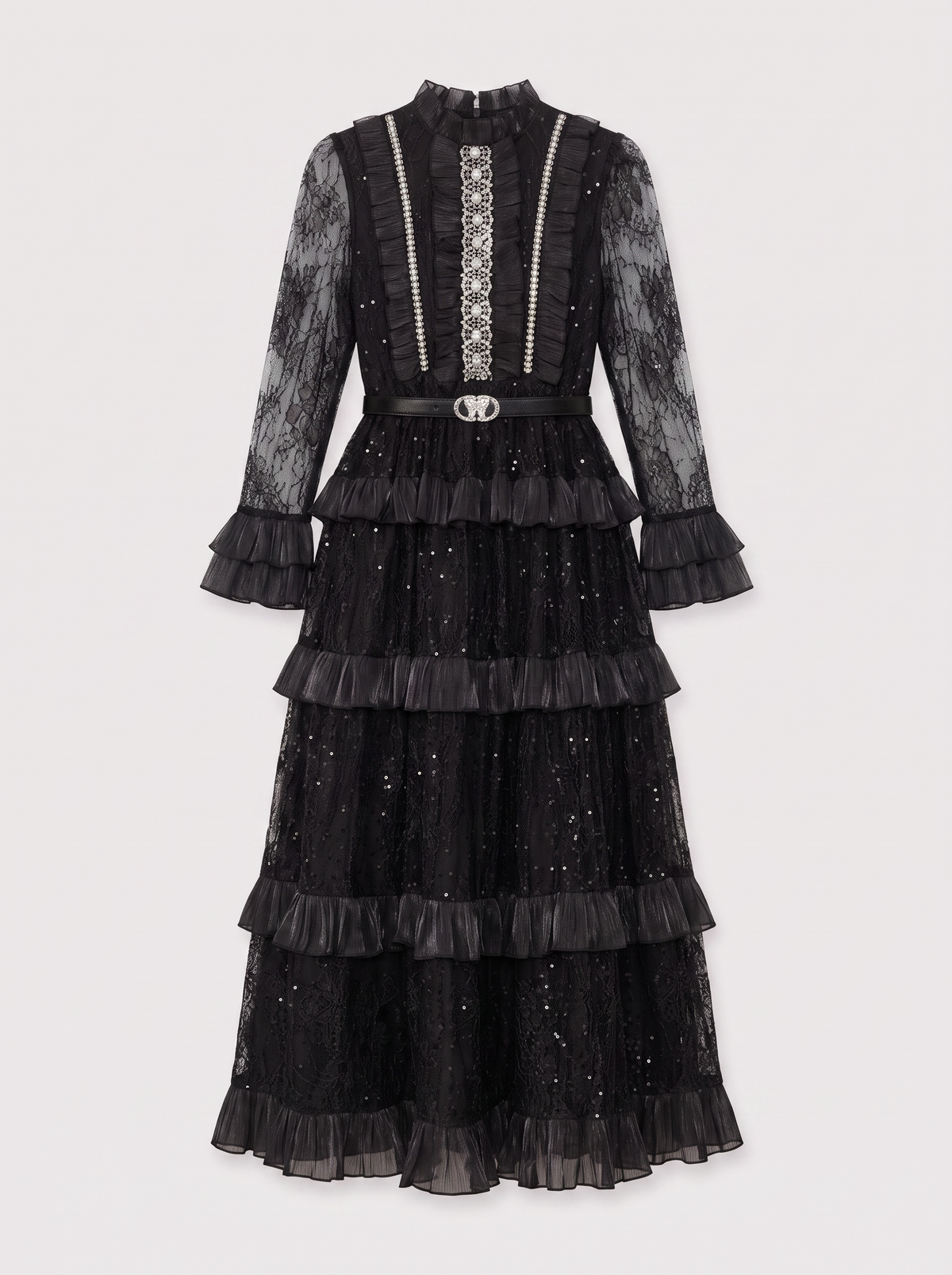 Belted Tiered Ruffle Lace Maxi Dress