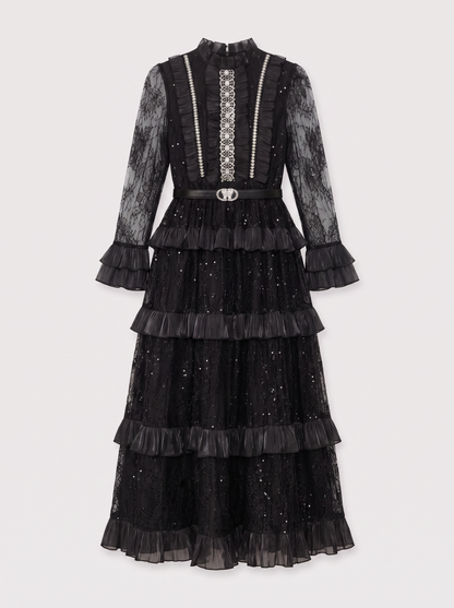 Belted Tiered Ruffle Lace Maxi Dress