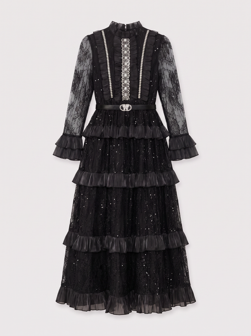 Belted Tiered Ruffle Lace Maxi Dress