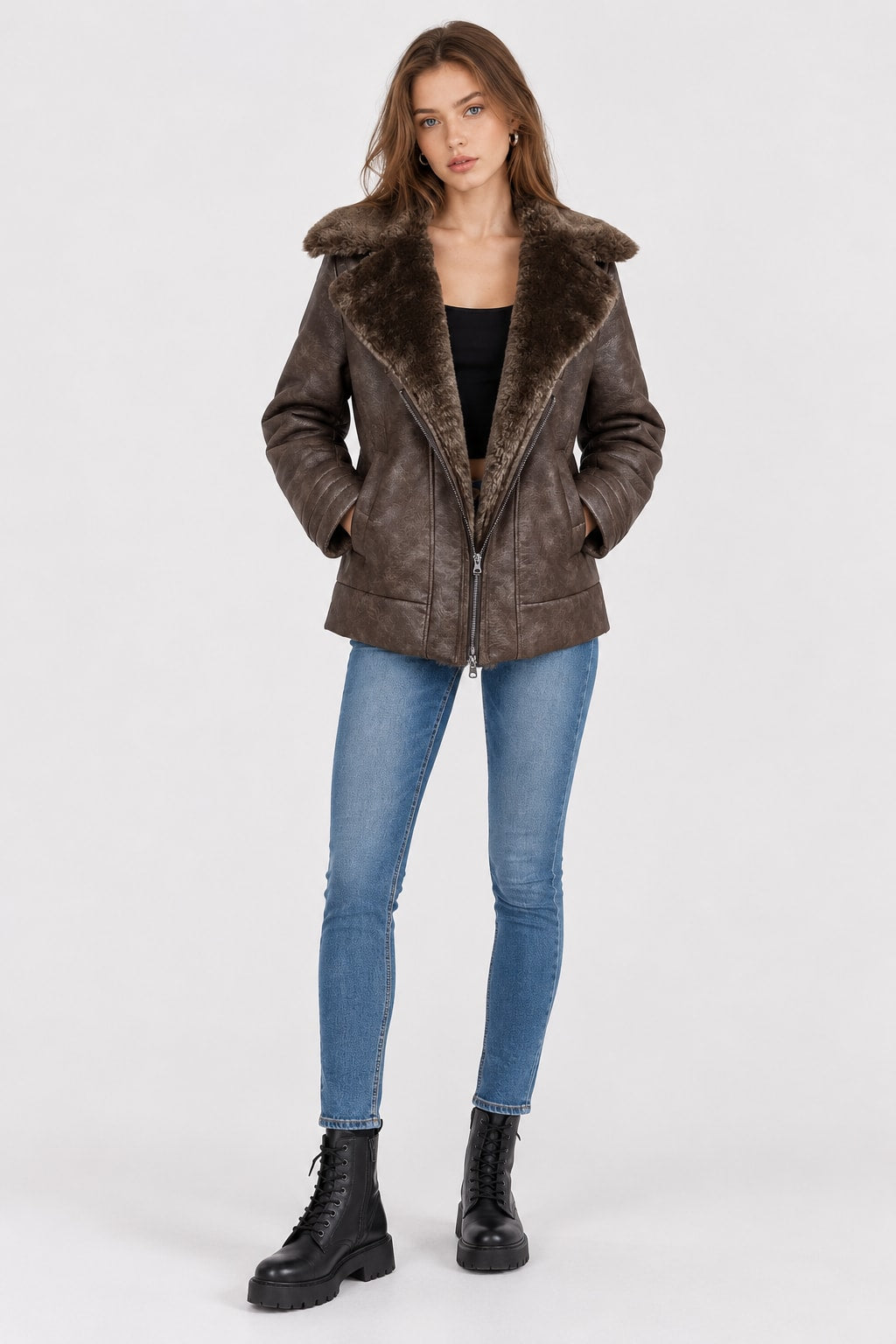 Faux Leather Jacket Furry Collar Slim Fit Coat - 3