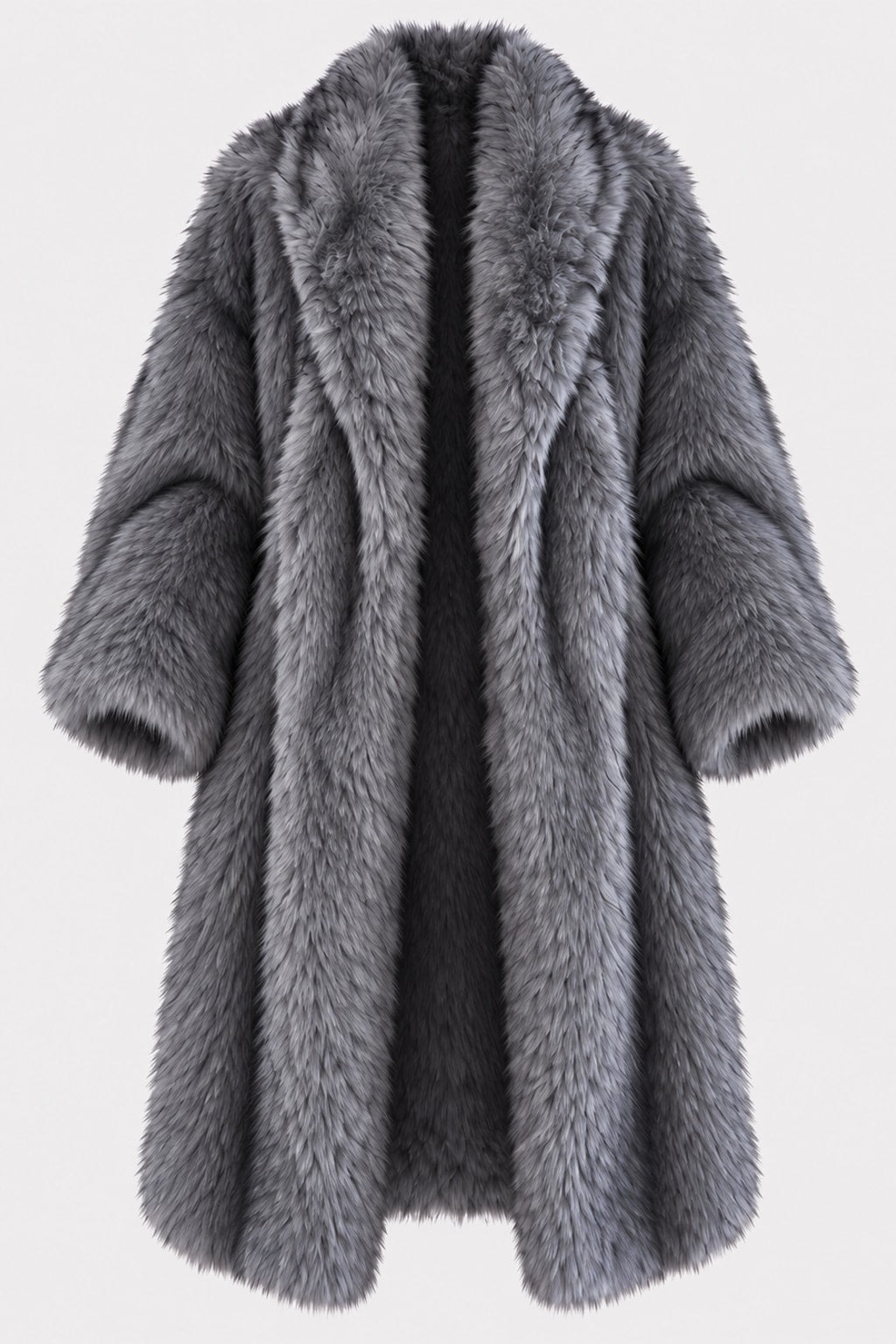 Faux Fur Coat Lapel Collar Open Front Longline Outerwear - 1