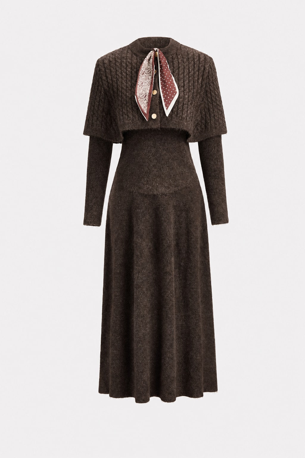 Knit Three-Piece Set With Scarf Collar - 1