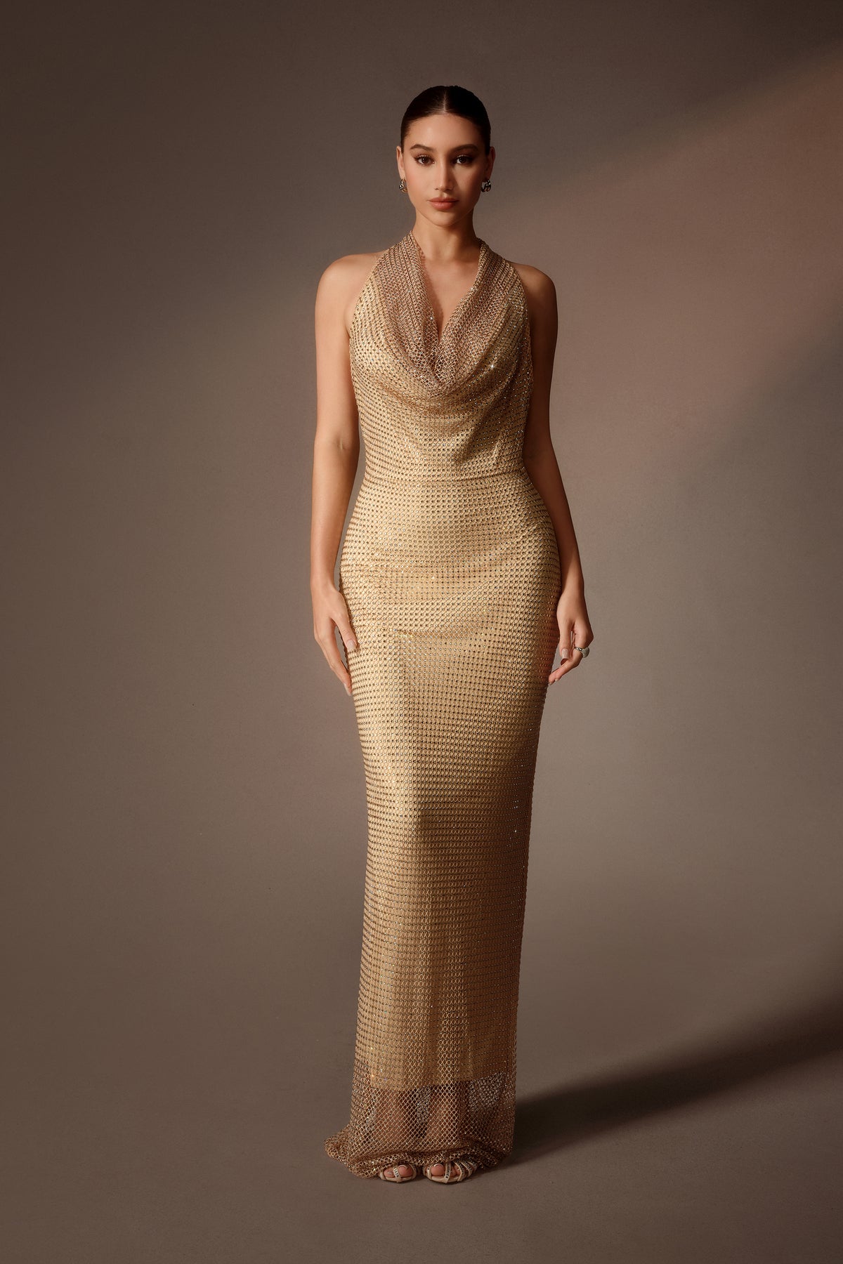 Gold Rhinestone Cowl Neck Maxi Dress With Thigh Slit - 2