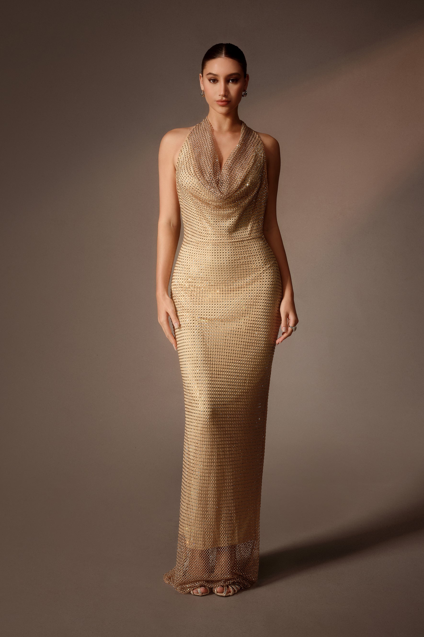 Gold Rhinestone Cowl Neck Maxi Dress - view 2