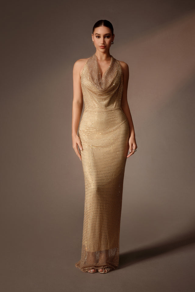 Gold Rhinestone Cowl Neck Maxi Dress With Thigh Slit - 2