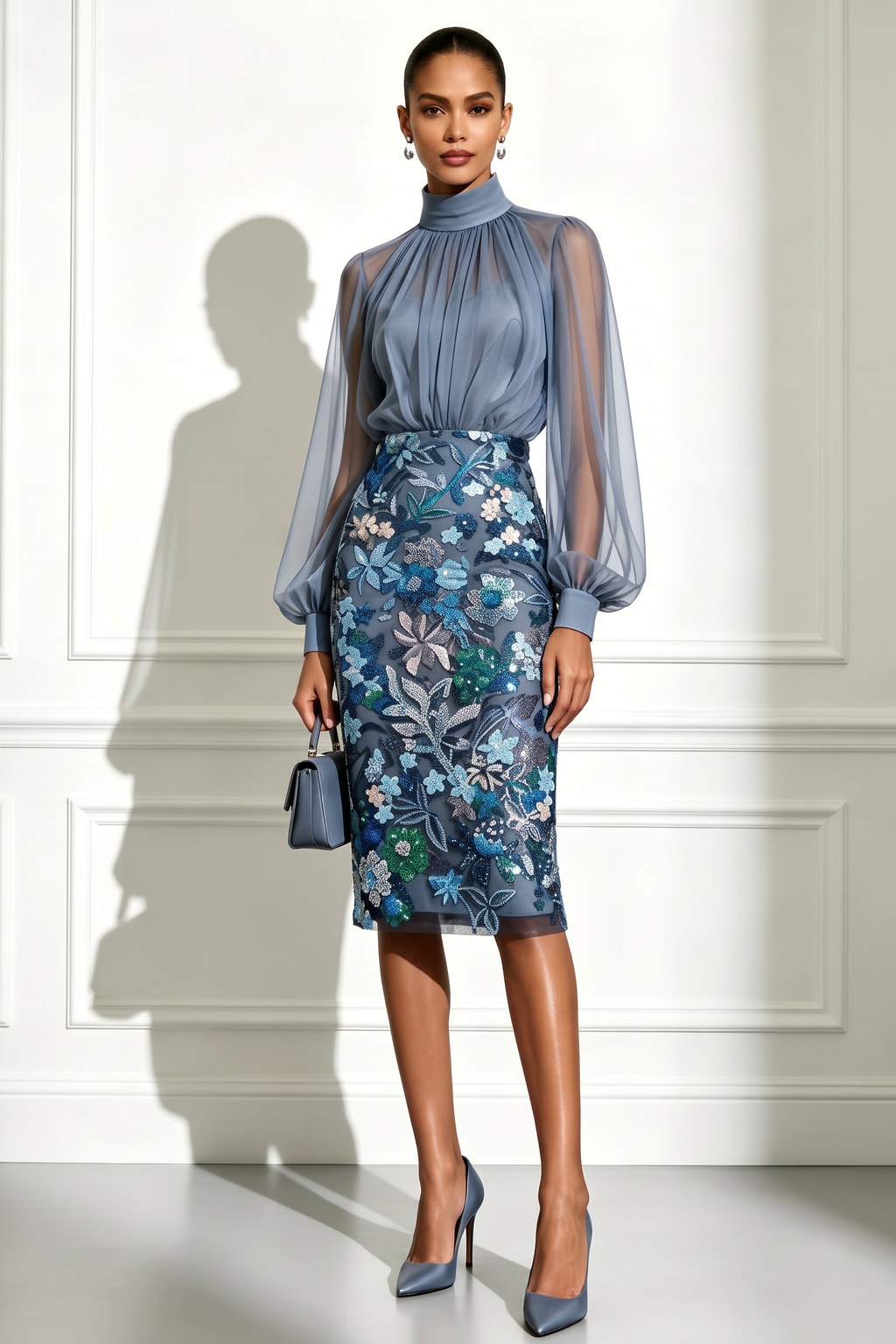 Sequin Balloon Sleeve Midi Dress - 2