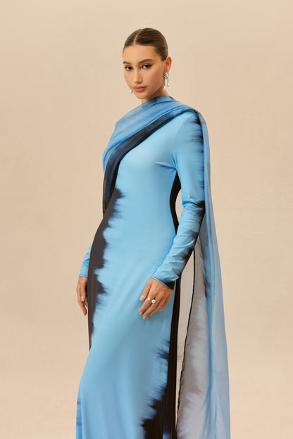 Blue Ombre Tie-Dye Maxi Dress with Cape Drape - view 3